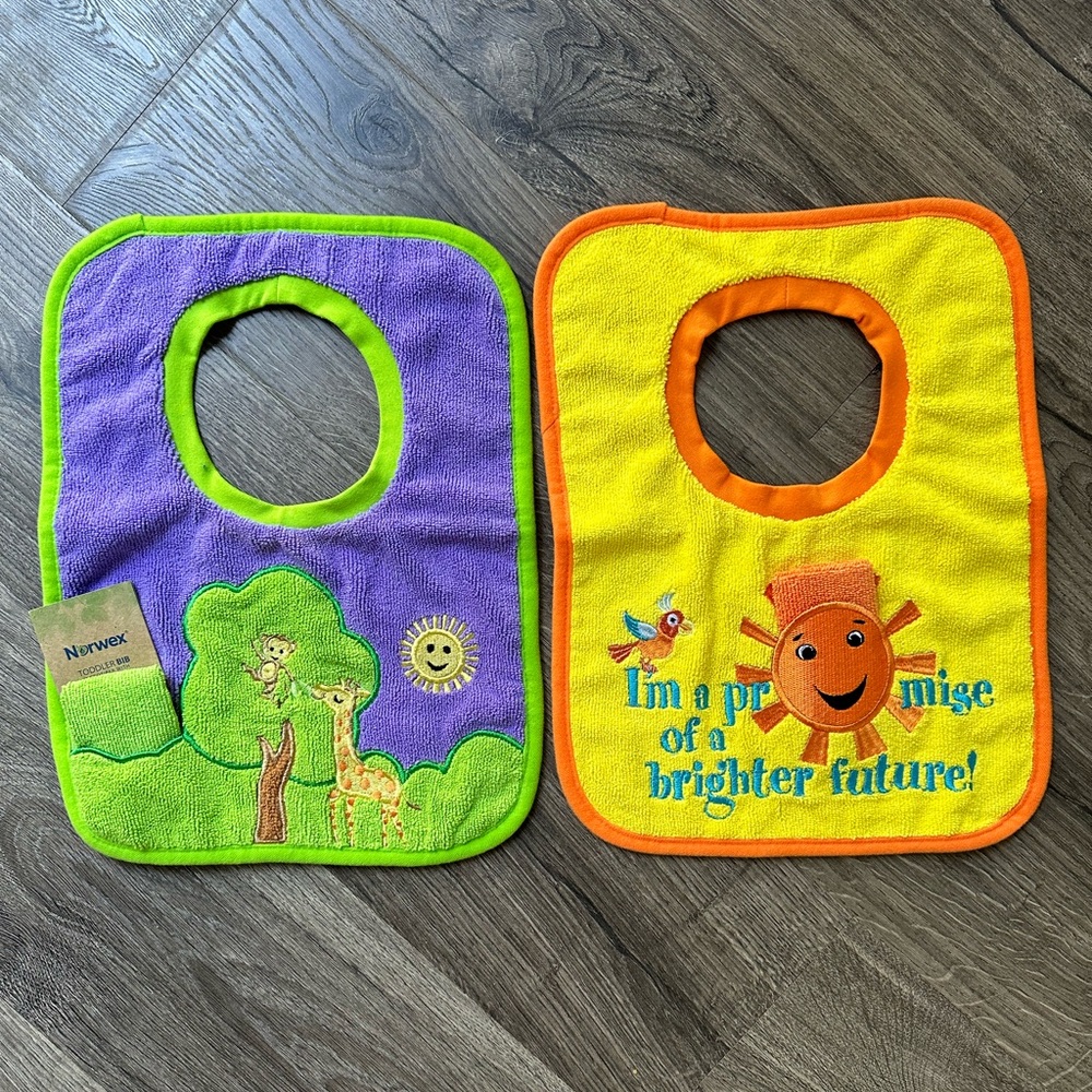 New Norwex Baby Bib Yellow Sunshine & Purple Tree +Washcloth Set of 2 Microfiber